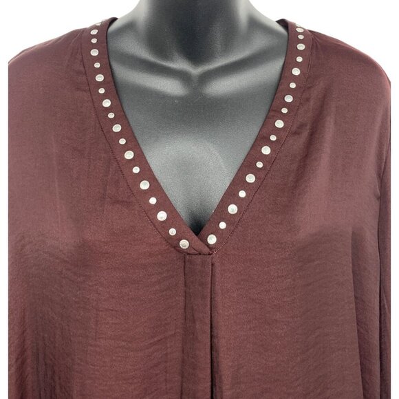 Vince Camuto Stud V-Neck Tunic Blouse Large Burgundy Beaded Long Sleeve NWT New - Picture 4 of 9